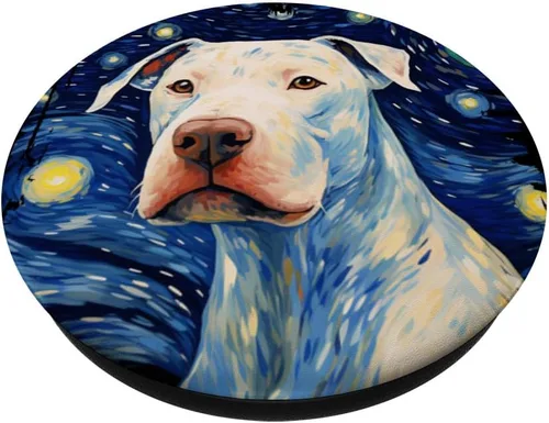 Vista 2 de Dogo Argentino Perro Noche Estrellada Pintura Perro Mamá Papá PopSockets Estándar PopGrip