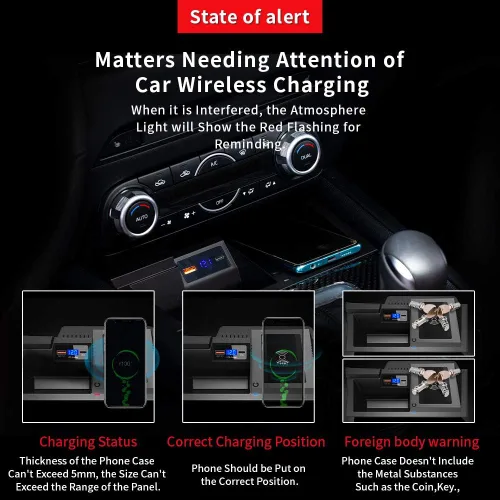 Vista 3 de Cargador inalámbrico CX-5 personalizado para Mazda CX5 2017-2025, 15 W Qi de carga rápida de almacenamiento de control central con puerto USB QC 3.0