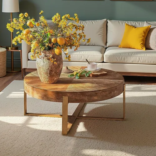 Vista 9 de Mesa de café redonda, mesa de café circular de madera de 35" con estante de almacenamiento, mesa central de 2 niveles para sala de estar