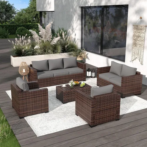 Vista 9 de Amopatio Juego de muebles de patio de 8 piezas, sofá seccional para exteriores con mesa de centro de almacenamiento - Juego de conversación de patio