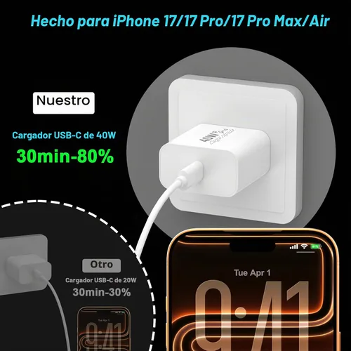 Vista 5 de [Certificado Apple MFi] Cargador de iPhone 17 de carga rápida, paquete de 2 cargadores de iPhone de 40 W USB C bloque con cable de carga tipo C de 6