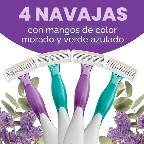 Vista 4 de BIC Soleil 4 Escape - Maquinillas de afeitar desechables para mujer con 4 cuchillas, afeitado cómodo, mango perfumado lavanda y eucalipto