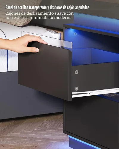 Vista 7 de WLIVE Mesita de noche negra con estación de carga y luces LED, mesita de noche con 2 cajones de madera y parte superior deslizante, mesa auxiliar