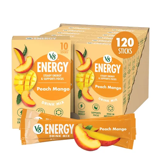 Vista 12 de V8 Energy Peach Mango - Bebida energética en polvo, paquete de 0.10 onzas (10 unidades)