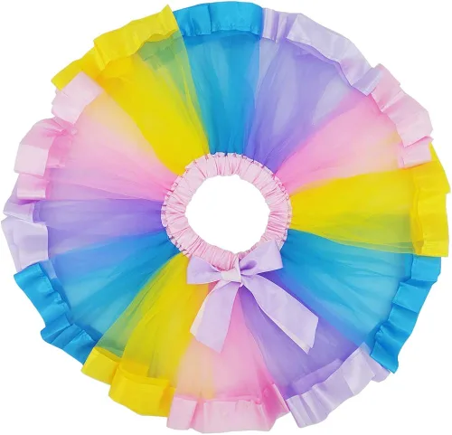 Vista 2 de BGFKS Falda de tutú de tul de ballet en capas para niñas pequeñas con lazos coloridos para el cabello, Arcoiris (Rainbow)