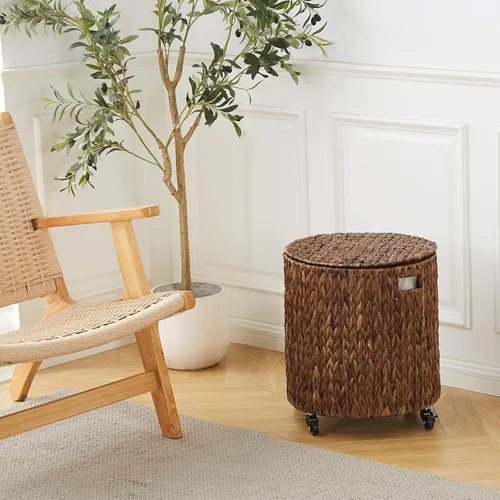 Vista 5 de Wimarsbon Cesta de Almacenamiento Vintage, Cesta Rodante Multiusos con Ruedas Frenables y Tapa, Cesta de Lavandería Trenzada, Organizador