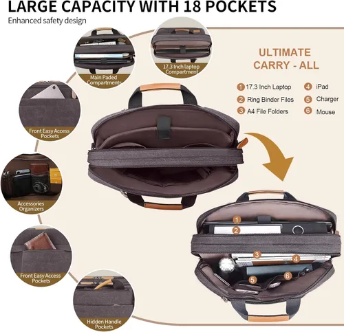 Vista 4 de ESTARER Bolsa de computadora portátil para hombres 3 en 1, bolsa de mensajero para portátil de 17-17.3 pulgadas para negocios, trabajo, viajes