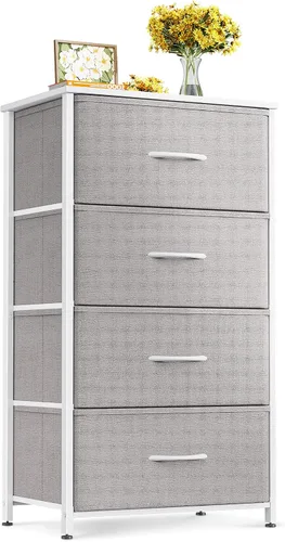 Vista 9 de ODK Cómoda para dormitorio con 4 cajones de almacenamiento, cómoda pequeña cofre de cajones de tela con marco de acero resistente, parte superior