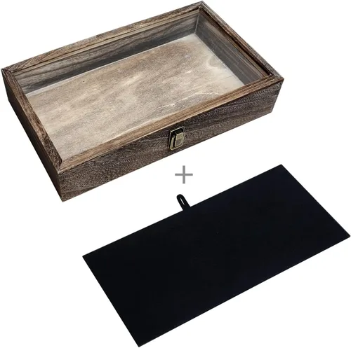 Vista 7 de MOOCA Vitrina de madera con tapa de cristal, vitrina de cuchillo de bolsillo con almohadilla de exhibición de joyería de terciopelo MDF de lujo