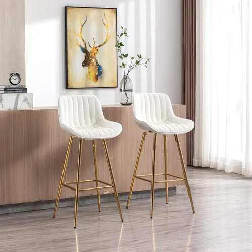Vista 2 de CIMOO Juego de 2 taburetes giratorios de bar de terciopelo con patas doradas, sillas de bar de 30 pulgadas con respaldo, taburetes de bar beige
