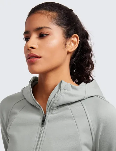 Vista 5 de CRZ YOGA Sudadera corta con capucha y cremallera completa para mujer, para entrenamiento, atlética, casual, manga larga, con agujeros para el pulgar