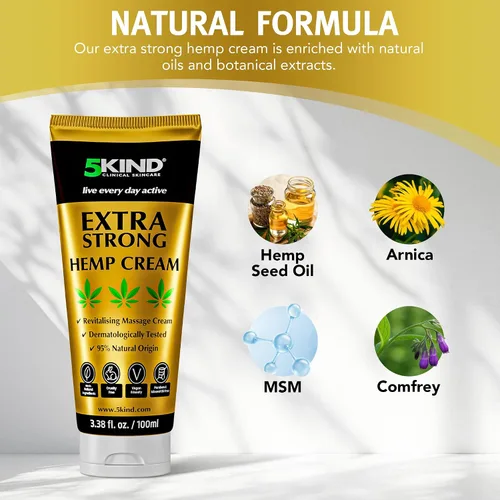 Vista 3 de 5kind Crema de cáñamo extra fuerte, 3.4 onzas líquidas, máxima fuerza, crema tópica natural, masaje muscular para espalda baja, articulaciones