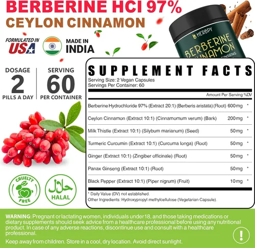 Vista 8 de Herbpy Paquete de suplementos de berberina HCl 7 en 1 y canela de Ceilán 6 en 1 de primera calidad - Apoya la relajación, el sistema inmunológico