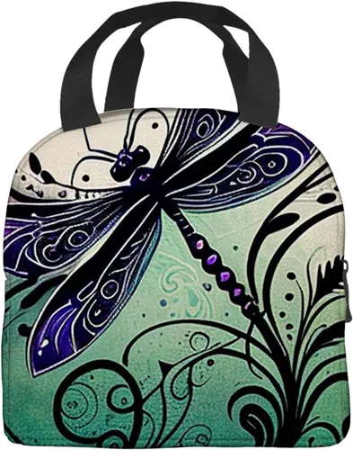 Vista 3 de OOZ Lonchera térmica para mujeres y hombres, para el trabajo, linda libélula en negro y morado, reutilizable, a prueba de fugas, para adultos, bolsa