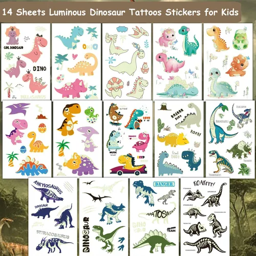 Vista 2 de CHARLENT Tatuajes luminosos de dinosaurio para niños, 14 hojas de tatuajes temporales de dinosaurios que brillan en la oscuridad para niños y niñas