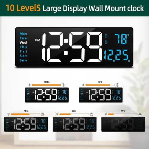 Vista 3 de LEIKE Reloj de pared digital grande de 16 pulgadas, control remoto, 2 alarmas, pantalla LED, DST automático, temperatura, reloj de luz nocturna