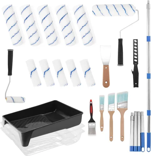 Vista 11 de ETERNA Kit de rodillos de pintura, 9 piezas de suministros de pintura para pintura de casa, con bandeja de pintura de metal y rodillos de pintura
