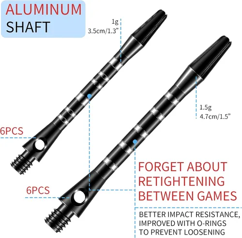 Vista 2 de 30 piezas de ejes de dardos para punta de acero media 2BA rosca de aleación de aluminio de 50 mm 53 mm con anillos de goma de repuesto, accesorios