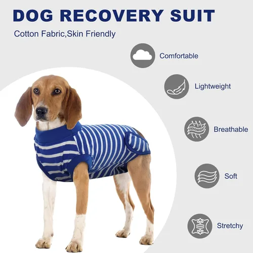 Vista 5 de IDOMIK Traje de recuperación para perros – Mono esterilizador femenino y masculino, ajustable antilamer, transpirable y cómodo, talla S, rayas azules