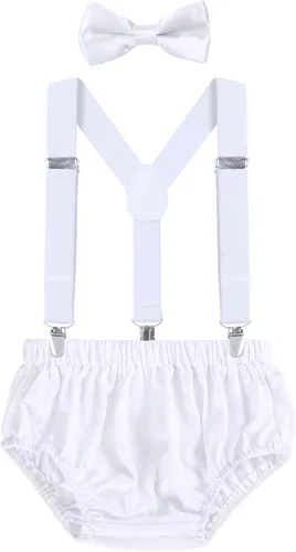 Vista 23 de AWAYTR Conjunto de bombones para bebé niño con tirantes y pajarita para fiesta de primer cumpleaños Beige