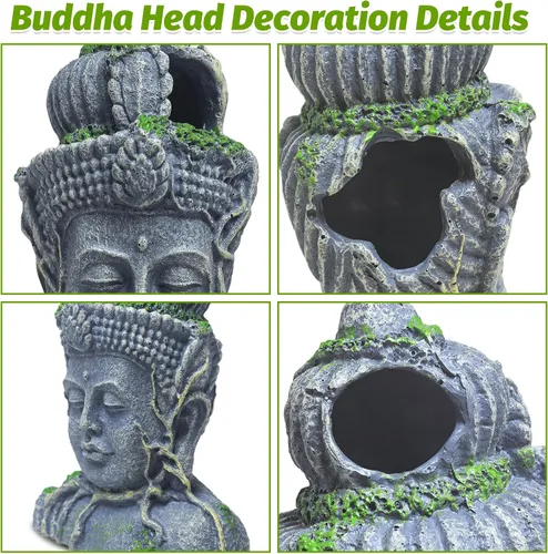 Vista 4 de Hamiledyi Estatua de cabeza de Buda para decoración de acuario, escondite de peces de resina, cueva de Betta para pecera grande, adornos