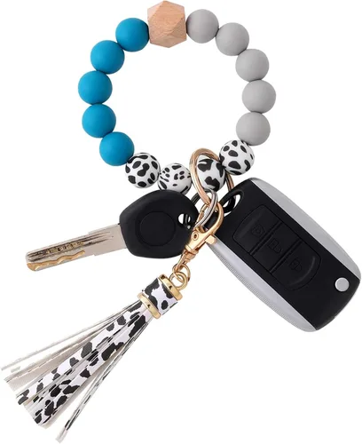 Vista 25 de BAOSIWA Pulsera de cuentas de silicona, llavero de pulsera, cadena para mujer, con borla de cuero Negro