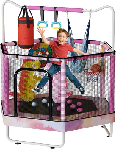 Vista 23 de LAMERGE Trampolín redondo 7 en 1 de 55 pulgadas para niños y niñas de 1 a 8 años, trampolín para interiores y exteriores para diversión, barandilla