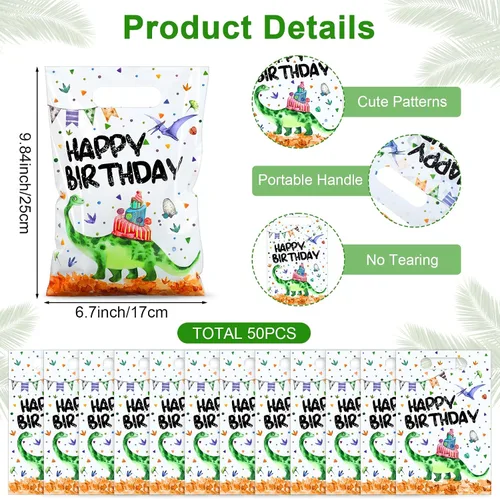 Vista 2 de Colarr 50 bolsas de plástico para recuerdos de fiesta de dinosaurios, bolsas de regalo de dinosaurio, bolsas de cumpleaños de dinosaurios con asa