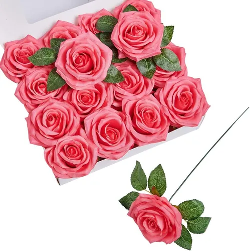Vista 11 de Rosas artificiales, rosas artificiales, rosas artificiales de seda con tallos para ramos de boda, mesas de fiesta, centros de mesa, arreglos Negro