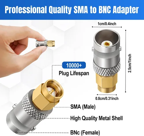 Vista 2 de Adaptador BNC a SMA, 2 unidades, conector convertidor de extensión de antena coaxial RF macho BNC hembra a SMA macho de baja pérdida para BNC