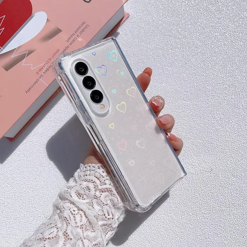 Vista 5 de Funda para Galaxy Z Fold 5, funda protectora de silicona con purpurina láser transparente holográfica con patrón de corazón de amor, delgada, a