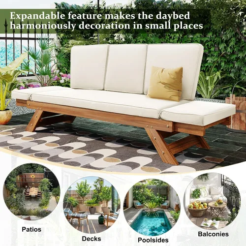 Vista 4 de Harper & Bright Designs Sofá convertible al aire libre con reposabrazos ajustable, sofá de madera maciza para patio con cojines, acabado Acabado