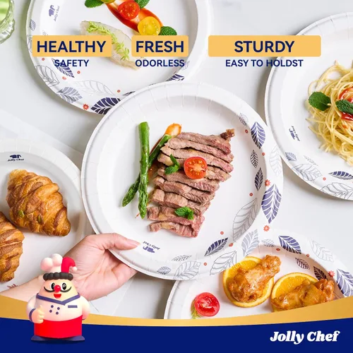 Vista 5 de JOLLY CHEF 140 platos de papel de 10 pulgadas, a prueba de remojo, a prueba de cortes, platos de papel desechables impresos de hojas resistentes
