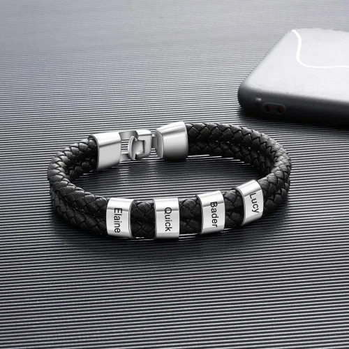 Vista 5 de Pulseras de cuero personalizadas para hombre, pulsera con nombre para papá, grabado gratuito, cuentas de nombre de familia, pulseras