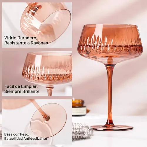 Vista 4 de Juego de 6 vasos de Martini marrón, 14 onzas, grandes vasos vintage para cócteles y champán, cristalería de colores elegantes para bar en casa
