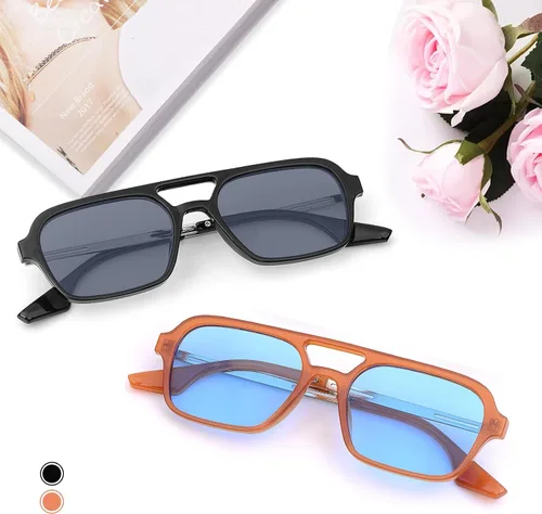 Vista 6 de Gafas de sol para hombre 2 unidades estilo retro planas cuadradas para mujeres y hombres de los años 70 rectangulares con diseño de metal