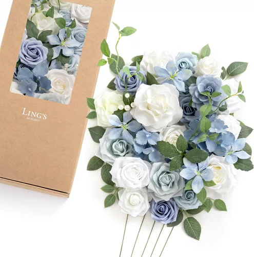 Vista 31 de Ling's moment Caja de flores artificiales, tallos de follaje artificial falso, rosas de espuma, dalia de seda, hierba de pampas, flor de tela