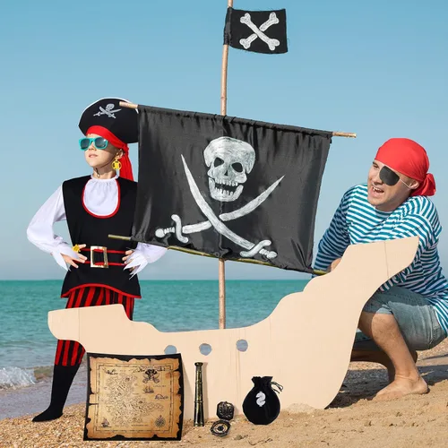 Vista 6 de Hillban Disfraz de pirata para niños, juego de rol, vestido de pirata, suministros de fiesta de cumpleaños, accesorios y juguetes para fiestas