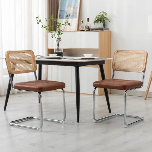 Vista 13 de KCC Juego de 2 sillas de comedor modernas de mediados de siglo, ratán de piel sintética, sillas auxiliares de comedor de cocina con patas de metal