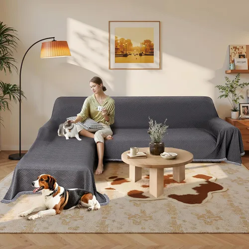 Vista 2 de Fundas impermeables para sofá modular en forma de L, 2 piezas, lavable, en forma de L, protector de muebles acolchado de jacquard para perros Gris