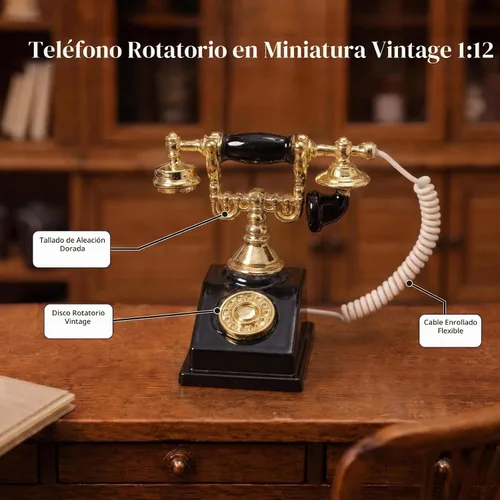 Vista 6 de Casa de muñecas Miniaturas 1 12 Escala Vintage Teléfono Escritorio Negro