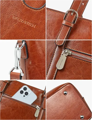 Vista 6 de BOSTANTEN Bolso de mano de cuero para mujer para laptop, bolsa al hombro de oficina, maletín vintage de 15.6 pulgadas, bolso de trabajo