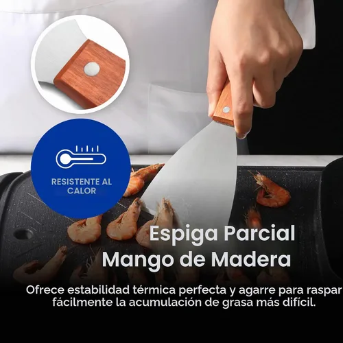 Vista 5 de New Star Foodservice 38309 Rascadores de parrilla de borde inclinado con mango de madera, 4 x 8.5 pulgadas