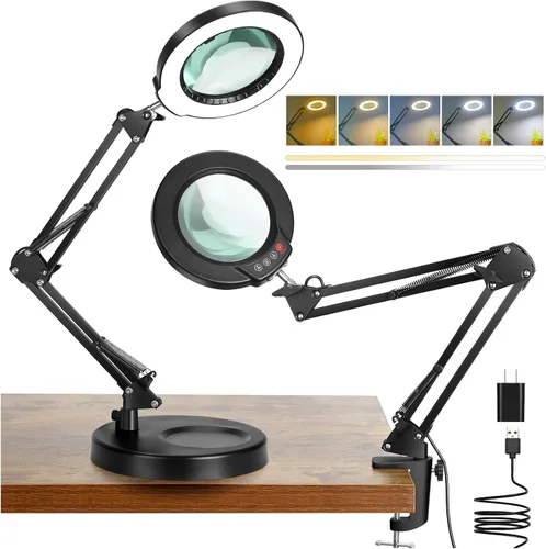 Vista 19 de Coyeth lupa de 10 aumentos con luz y abrazadera, lupa iluminada con soporte de vidrio real, lámpara de escritorio LED regulable sin escalones con 5