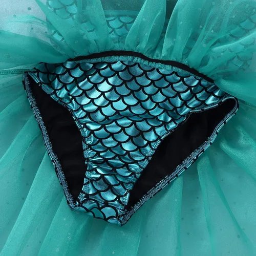 Vista 6 de Disfraz de sirena brillante para niñas, escamas de pez, espalda cruzada, leotardo tutú, ropa de baile, vestido de princesa