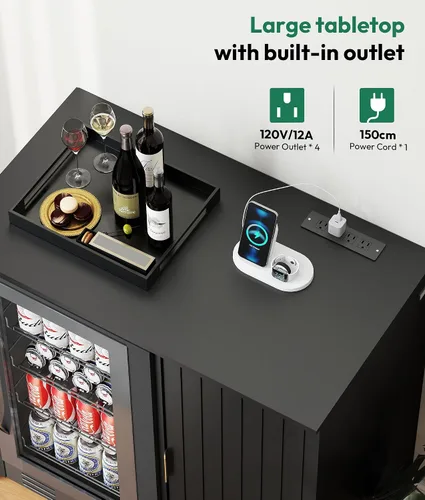 Vista 6 de Lamtor Barra de café con espacio para mini refrigerador, gabinete de barra de café con toma de corriente, mini gabinete de nevera estriado