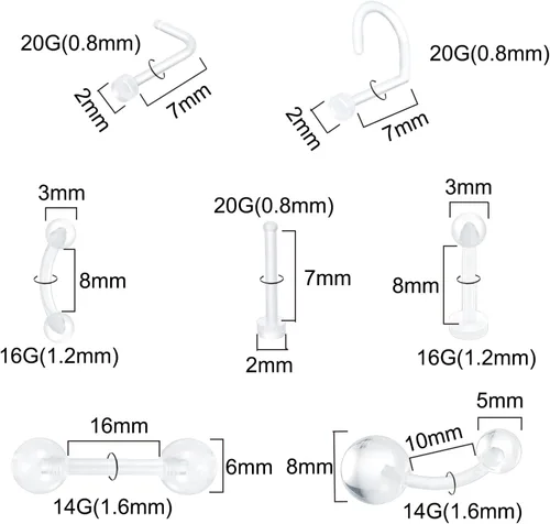 Vista 10 de Oveta Clear Piercing Retainers Flexible Bioflex 14G 16G 20G Navel Belly Button Ring Lip Labret Eyebrow Tongue Barbells Cartilage Tragus Earrings