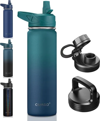 Vista 55 de CIVAGO Botella de agua aislada de 22 onzas con pajita, frasco de agua deportiva de acero inoxidable con 3 tapas