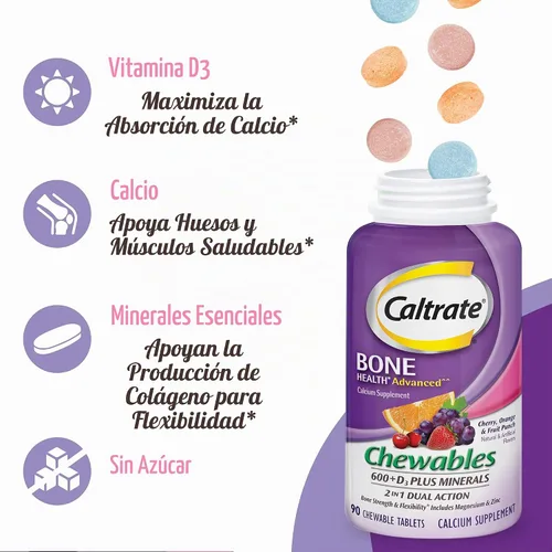 Vista 4 de Caltrate Gomitas masticables 600 +D3 Plus Minerales Calcio y Vitamina D, sin azúcar, sabor a cereza, naranja y ponche de frutas, 155 unidades Sin