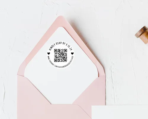 Vista 5 de Etiquetas adhesivas de código QR personalizadas para pequeñas empresas que empaquetan el sitio web de RSVP de la boda de 2 pulgadas